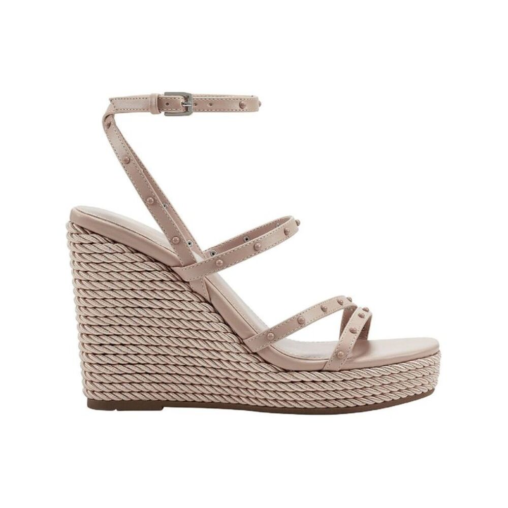 MARC FISHER Womens Beige Strappy Studded Zig Square Toe Wedge Heeled Sandal 10 M